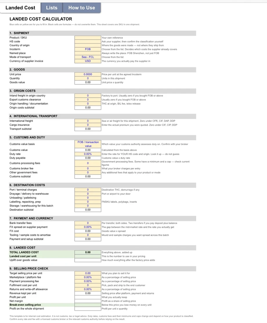 Landed Cost sheet of the Excel template, showing nine numbered sections: shipment, goods, origin costs, international transport, customs and duty, destination costs, payment and currency, total landed cost with landed cost per unit, and a selling price check that returns profit per unit, net margin and break-even selling price.