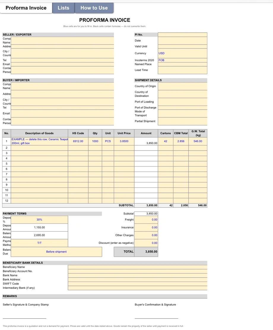 Proforma Invoice sheet of the Excel template, showing the seller and buyer blocks, PI number, currency and Incoterms fields, shipment details, a twelve-line goods table with HS code, quantity, unit price and amount columns, payment terms with deposit and balance, the invoice total, beneficiary bank details, and signature lines.